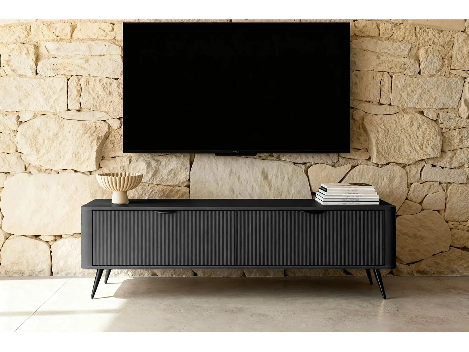 JOUDY MINI - Mini meuble TV 163cm effet rainuré - Noir