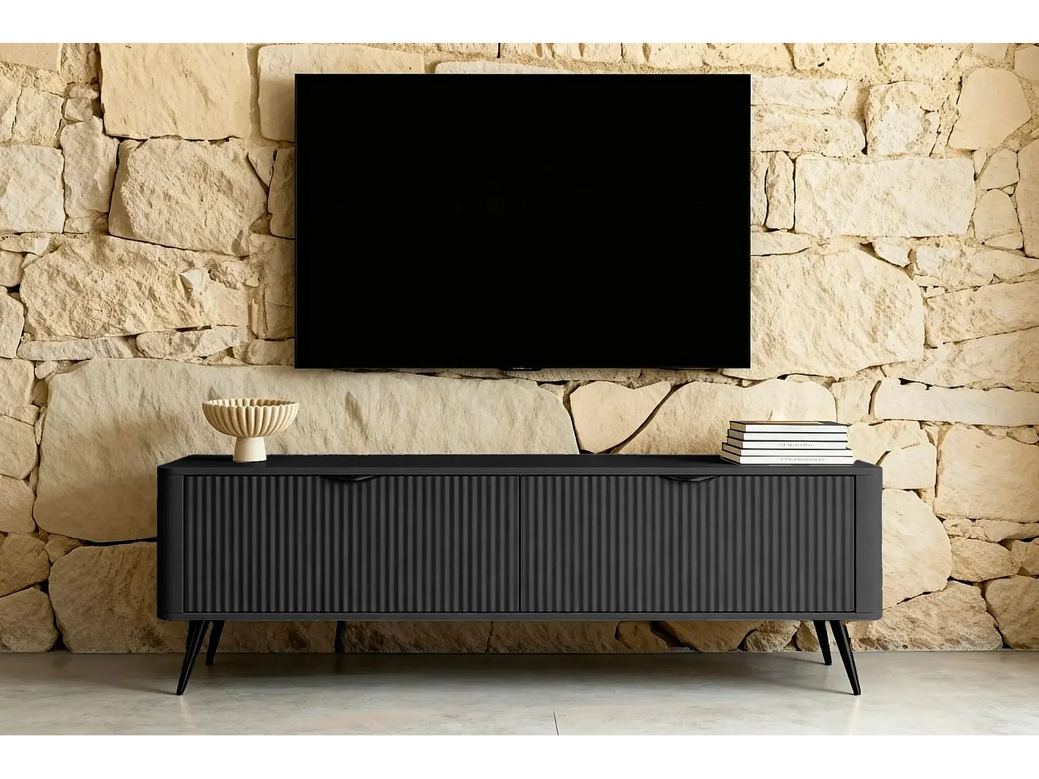 JOUDY MINI - Mini meuble TV 163cm effet rainuré - Noir