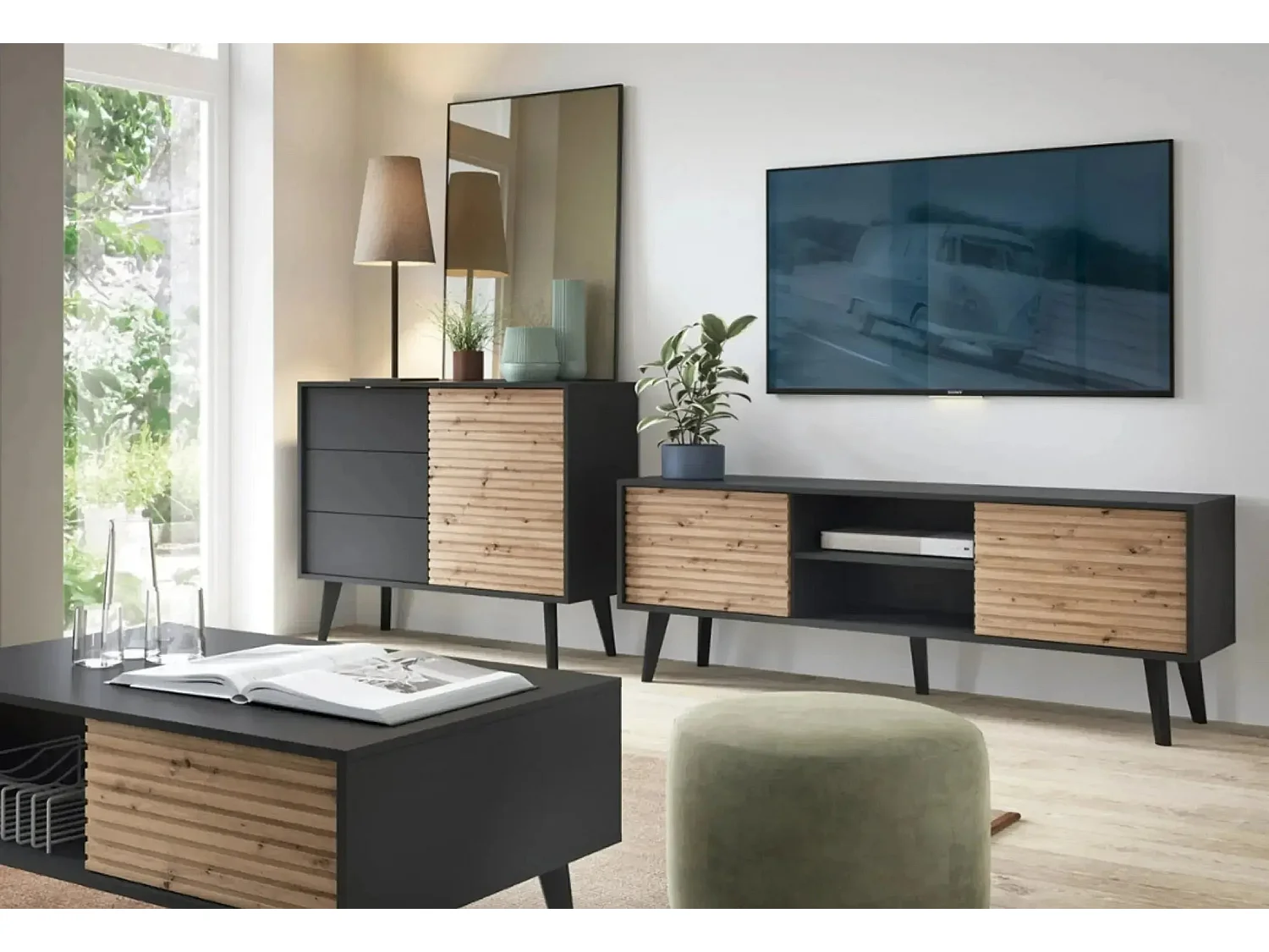 COME - Meuble TV 2 portes 150cm - Marron et noir