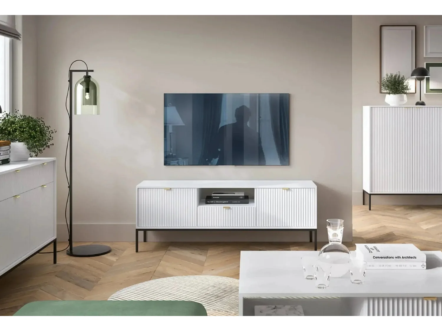 CHARLES - Meuble TV 2 portes 150cm - Blanc