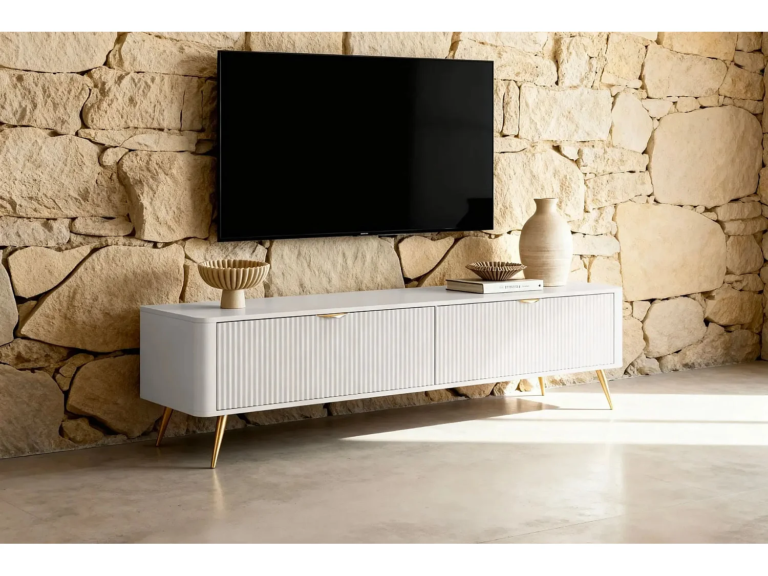 JOUDY - Meuble TV 200cm effet rainuré - Beige