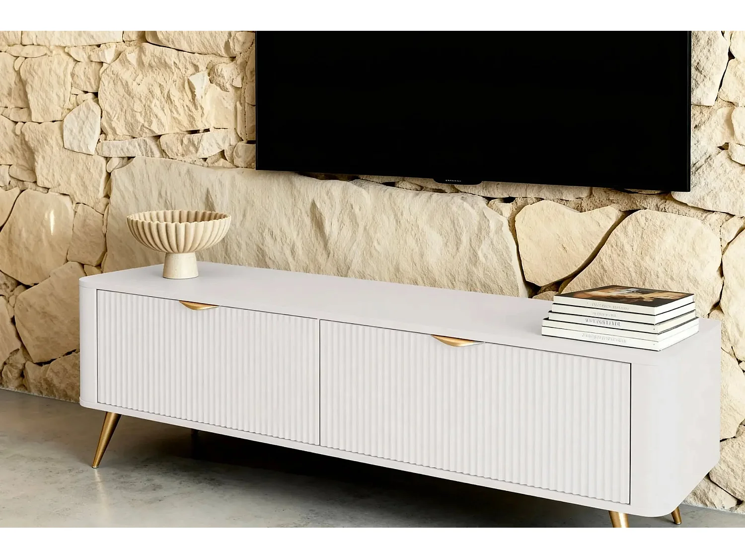 JOUDY MINI - Mini meuble TV 163cm effet rainuré - Beige