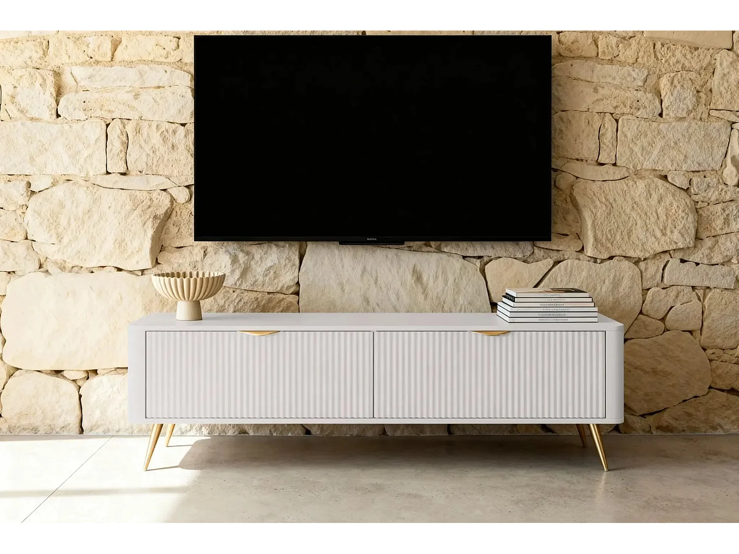 JOUDY MINI - Mini meuble TV 163cm effet rainuré - Beige