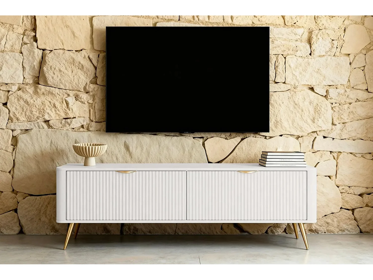 JOUDY MINI - Mini meuble TV 163cm effet rainuré - Beige