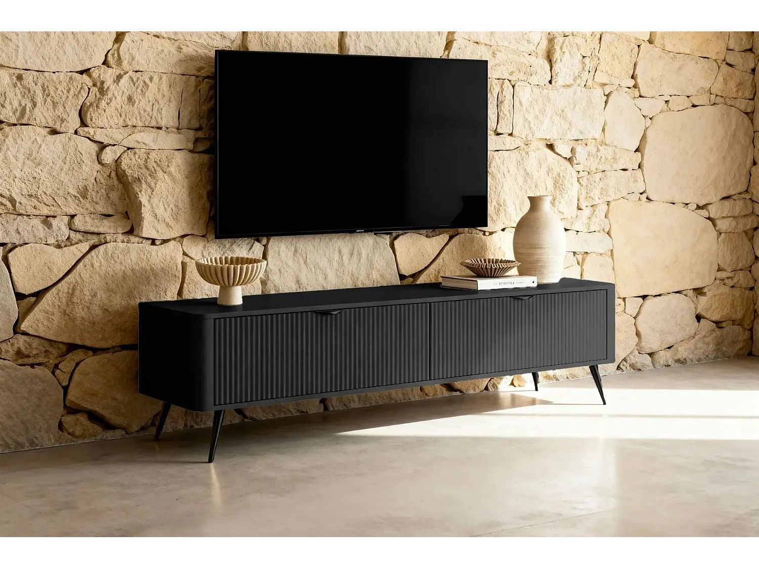 JOUDY - Meuble TV 200cm effet rainuré - Noir