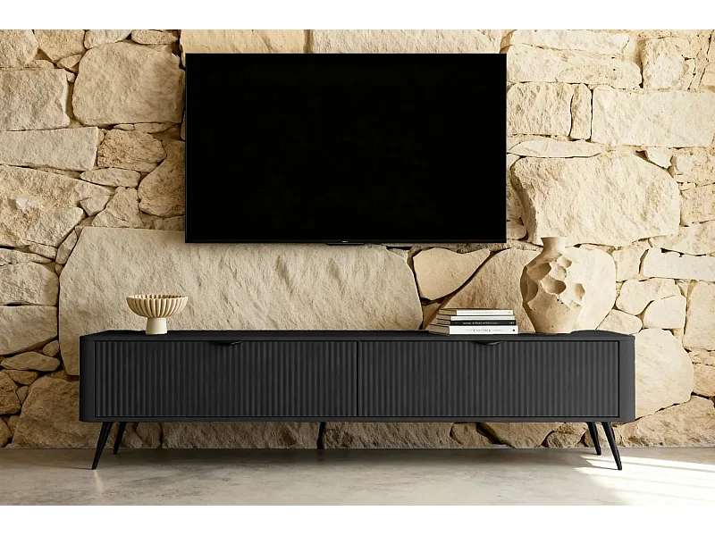 JOUDY - Meuble TV 200cm effet rainuré - Noir