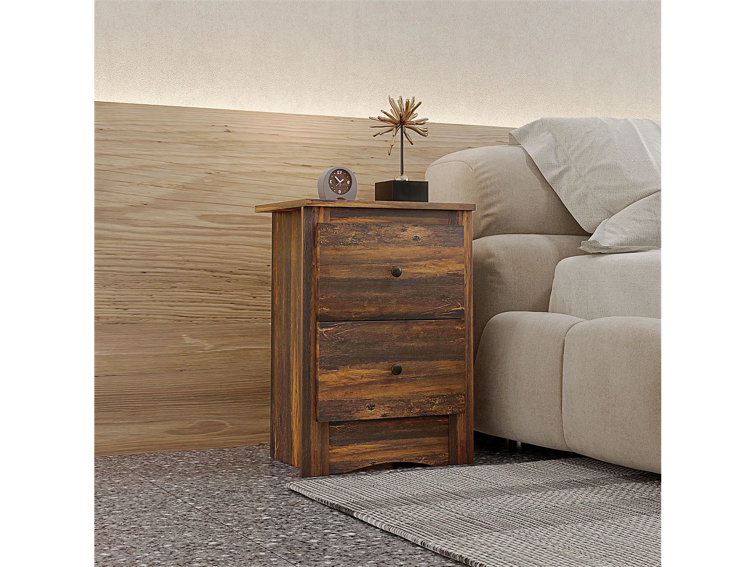 EasyComfort Comodino con 2 Cassetti dallo stile Rustico in Legno, 40x30x56 cm, Marrone