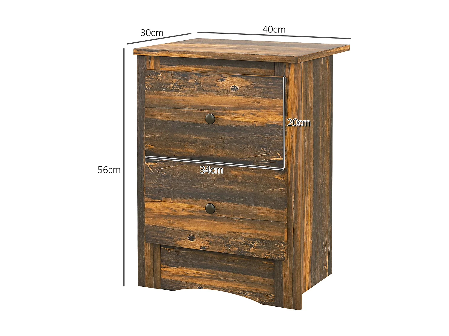 EasyComfort Comodino con 2 Cassetti dallo stile Rustico in Legno, 40x30x56 cm, Marrone