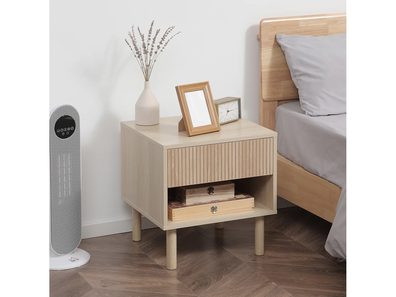 EasyComfort Comodino Moderno con Cassetto e Ripiano Aperto in Truciolato, 47x47x50 cm, Color Legno