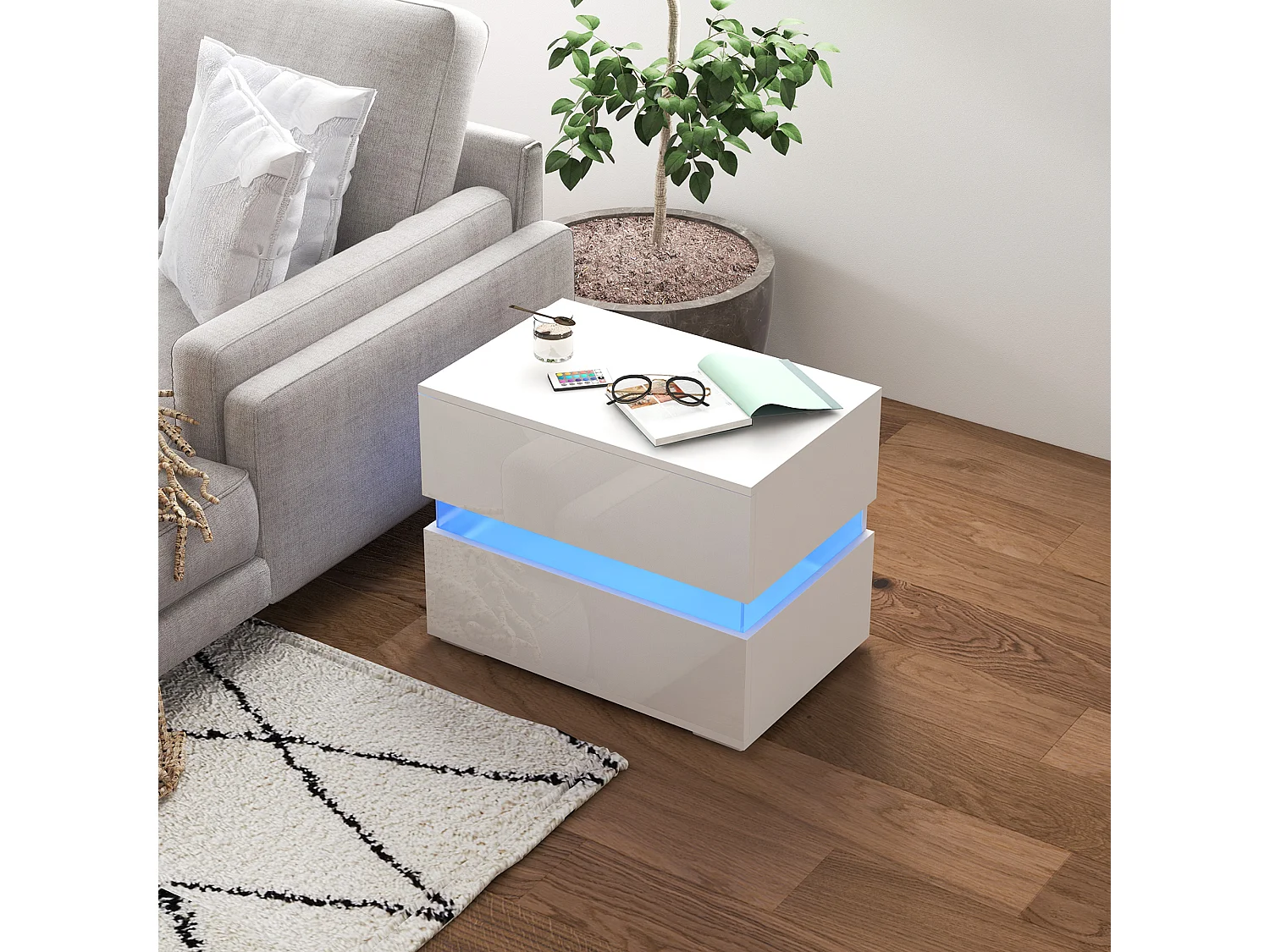 EasyComfort Comodino con luce LED RGB incorporata con 2 cassetti, 4 Modalità di luce e 16 colori, in Truciolato, 60x39x47cm, Bianco