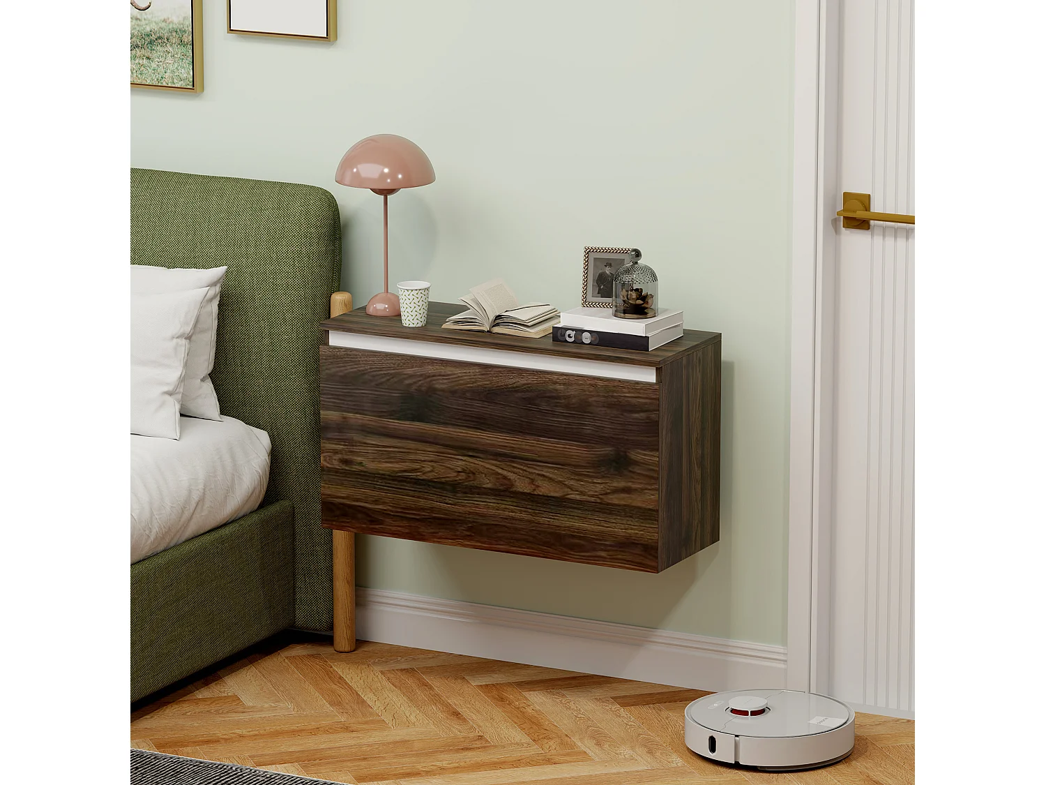 EasyComfort Comodino Sospeso con Cassetto Senza Maniglie e con Fissaggio a Parete, 80x30x45cm, Noce