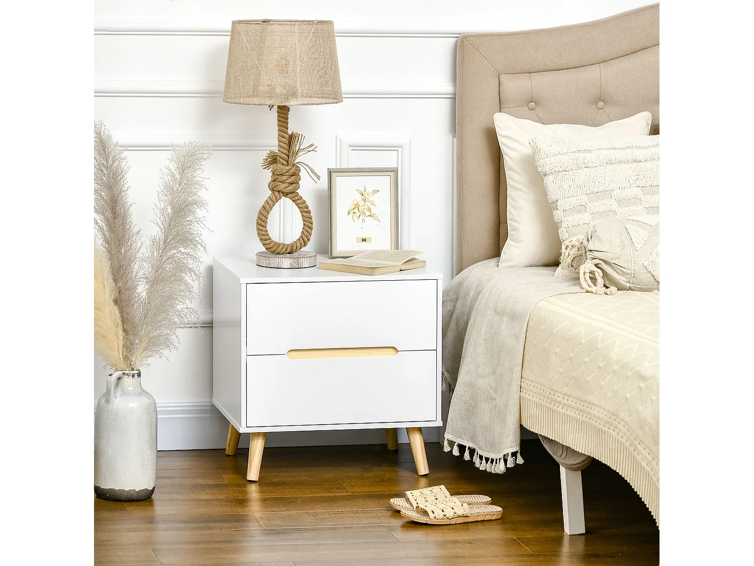 EasyComfort Comodino Moderno con 2 Cassetti in Truciolato e Gambe in Legno di Pino, 50Lx40Px50.5A cm, Bianco