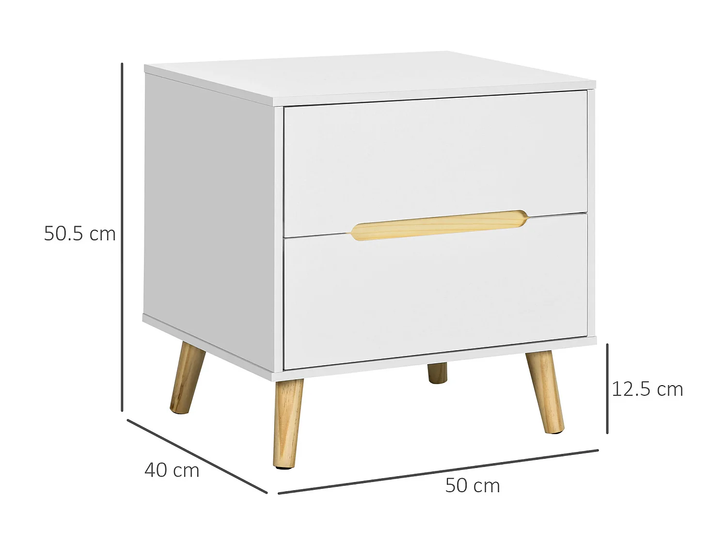 EasyComfort Comodino Moderno con 2 Cassetti in Truciolato e Gambe in Legno di Pino, 50Lx40Px50.5A cm, Bianco
