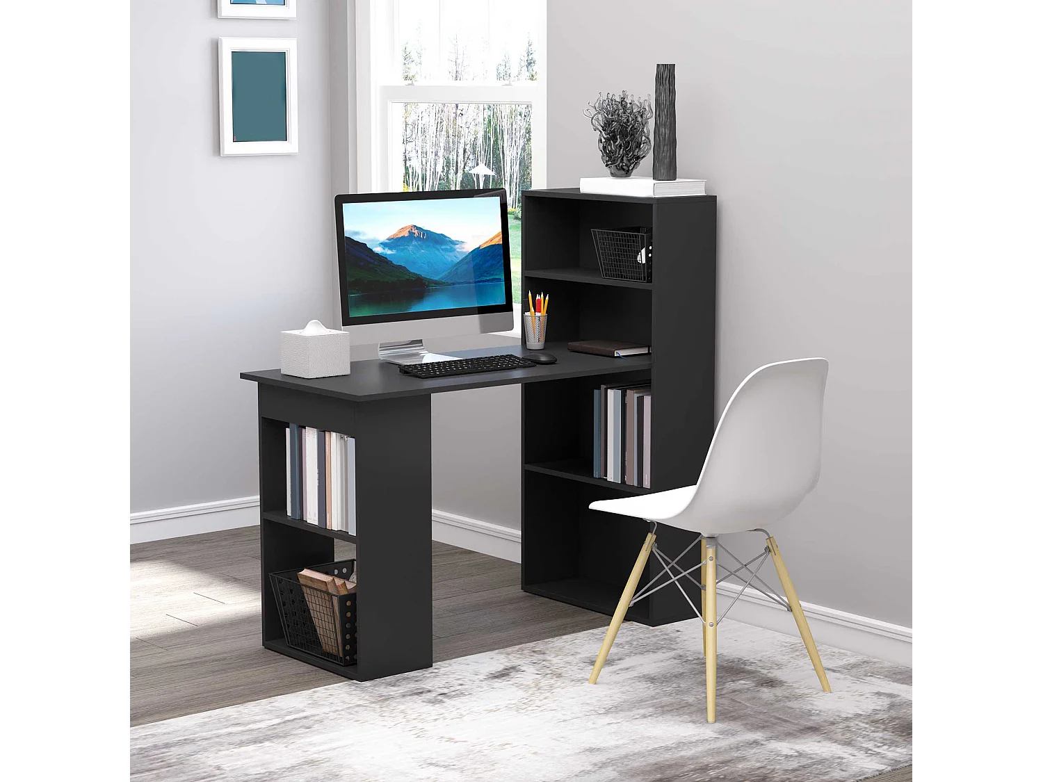 EasyComfort Scrivania PC in Legno con 6 Ripiani Portaoggetti Laterali, 120x55x120 cm, Nero