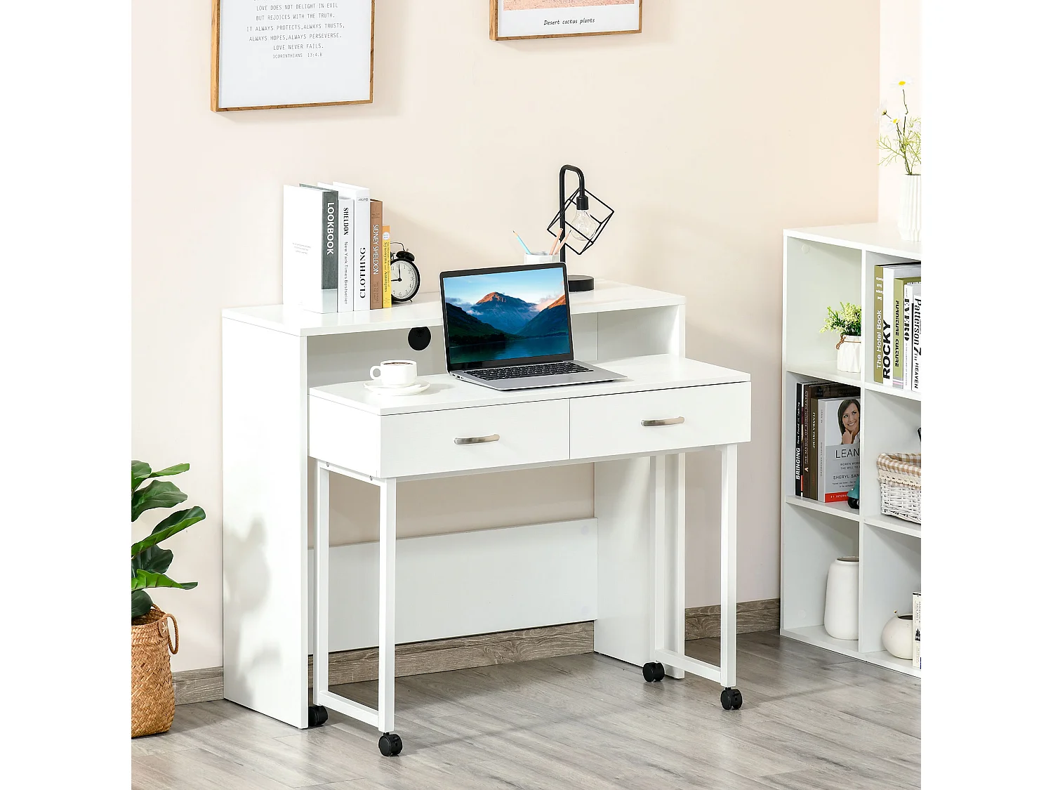 EasyComfort Tavolo Scrivania Salvaspazio per Camera e Ufficio, Scrivania con Cassetti e Ruote, Postazione di Lavoro Doppia o Singola, 100x36x88cm, Bi