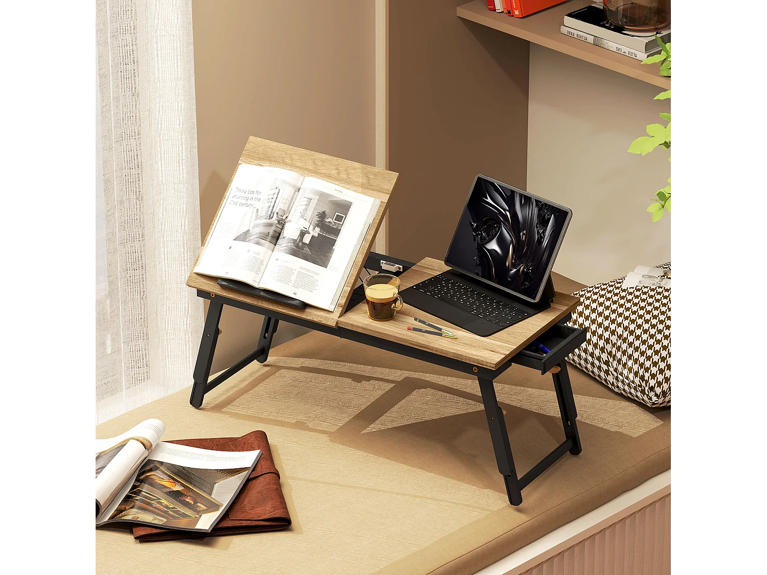 EasyComfort Supporto Monitor Inclinabile e Regolabile con Cassetto Laterale, in Legno, 83.5x33x23.5-34 cm, Rovere e Nero