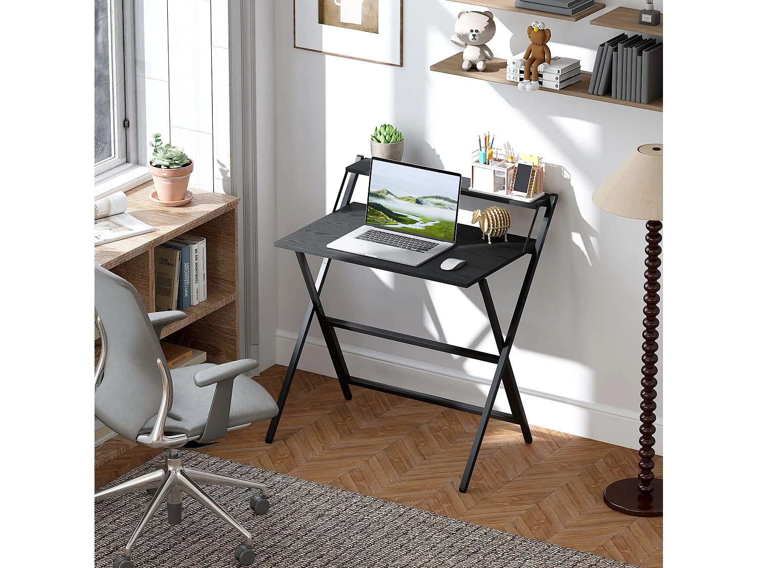 EasyComfort Scrivania Pieghevole con Ripiano per Monitor, 81.5x62x86.5 cm, Nero