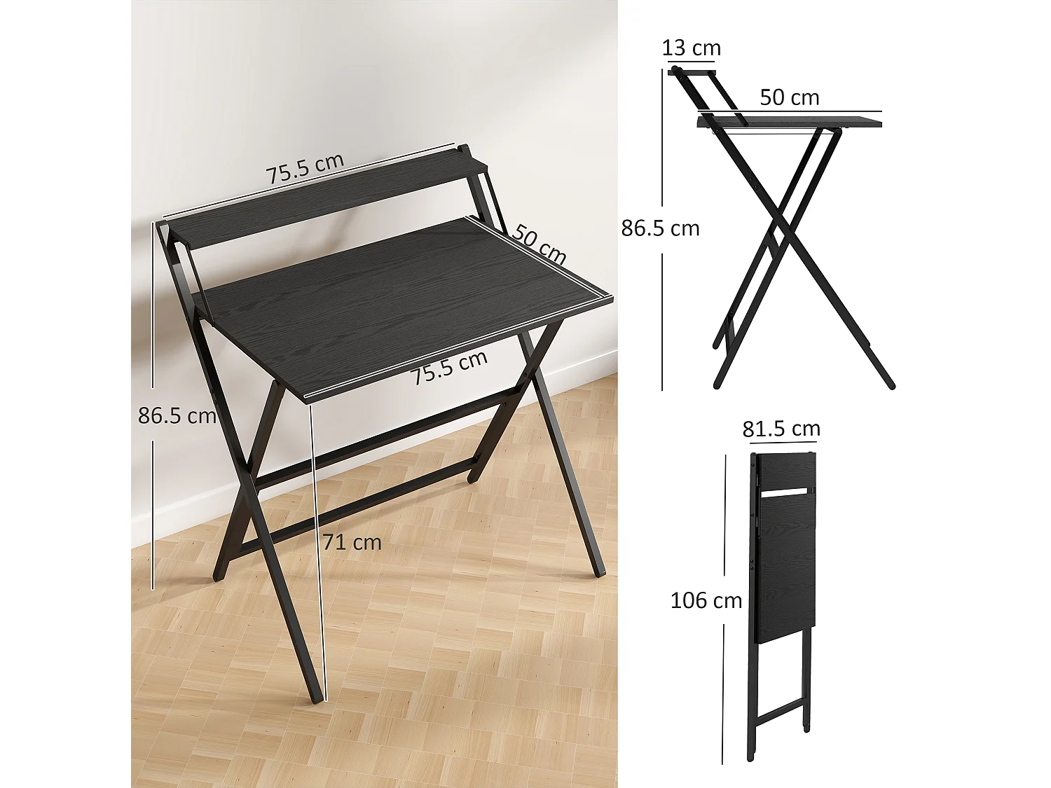 EasyComfort Scrivania Pieghevole con Ripiano per Monitor, 81.5x62x86.5 cm, Nero