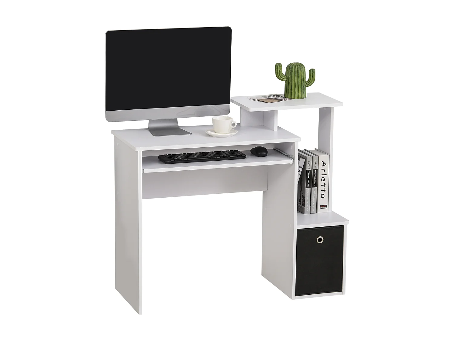 EasyComfort Scrivania Moderna con Mensola per Tastiera e Cassetto in Tessuto, 100x40x86.6cm, Bianco e Nero