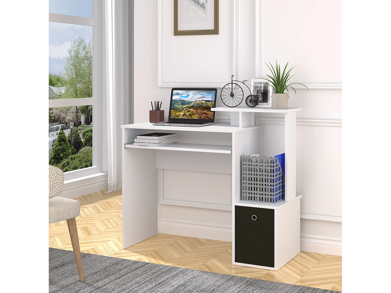 EasyComfort Scrivania Moderna con Mensola per Tastiera e Cassetto in Tessuto, 100x40x86.6cm, Bianco e Nero