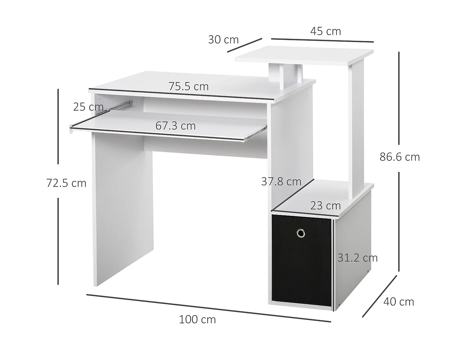 EasyComfort Scrivania Moderna con Mensola per Tastiera e Cassetto in Tessuto, 100x40x86.6cm, Bianco e Nero