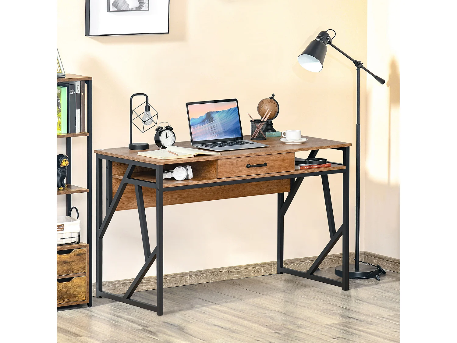 EasyComfort Scrivania Moderna in Metallo e MDF Stile Industriale, Mensole e Cassetto per Casa e Ufficio, 120x60x76cm Nero Marrone