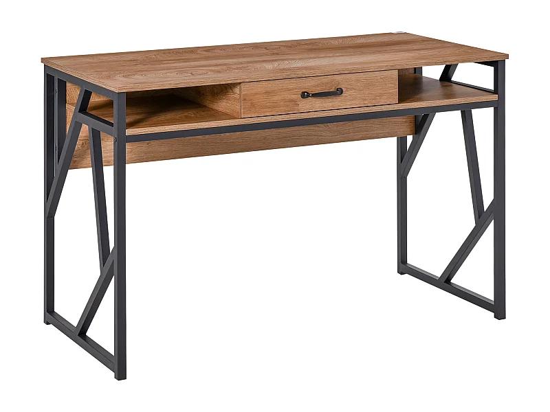 EasyComfort Scrivania Moderna in Metallo e MDF Stile Industriale, Mensole e Cassetto per Casa e Ufficio, 120x60x76cm Nero Marrone