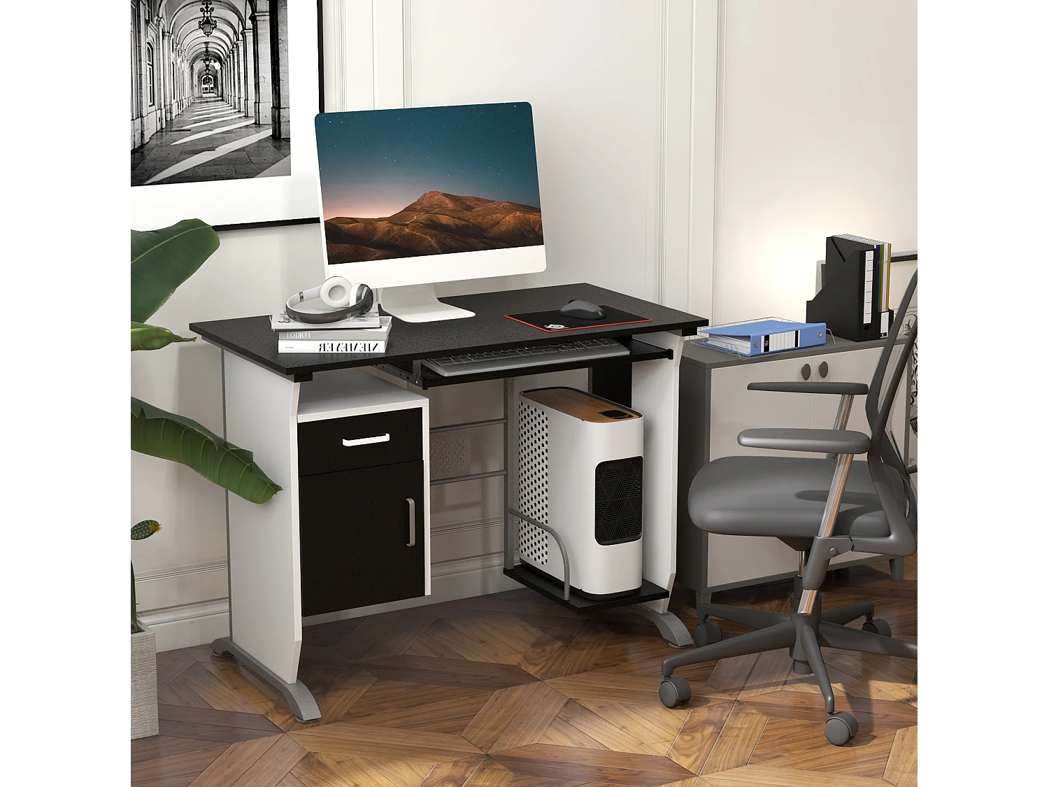 EasyComfort Scrivania per Computer con Ripiano, Cassetto e Armadietto, in MDF e Ferro, 100x52x75 cm, Bianca e Nera