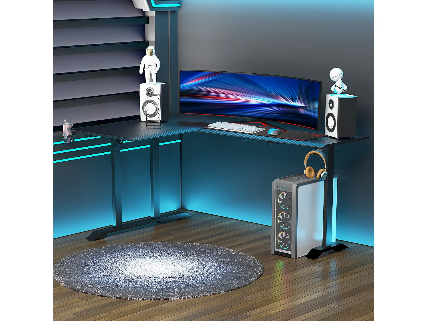 EasyComfort Scrivania Angolare per Gaming e Ufficio con Gancio per Cuffie e Porta Tazza, 168x109x78cm, Nero