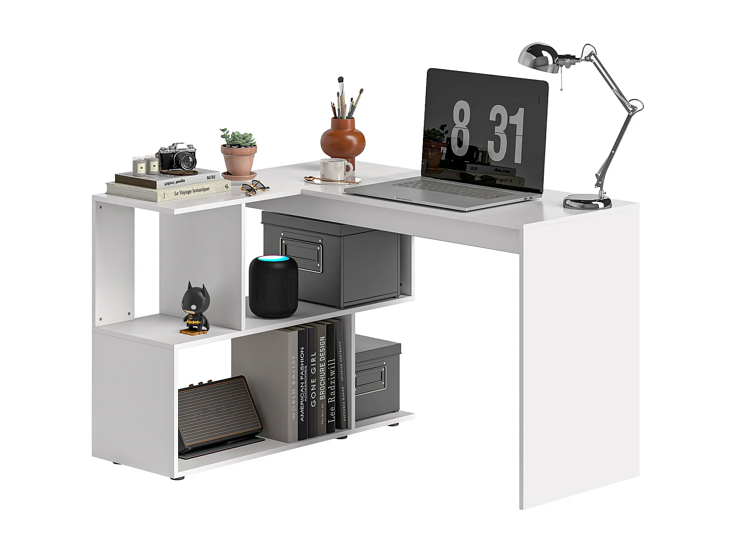 EasyComfort Scrivania Angolare Moderna per Ufficio con 4 Ripiani in Legno Bianco, 120x100x77 cm