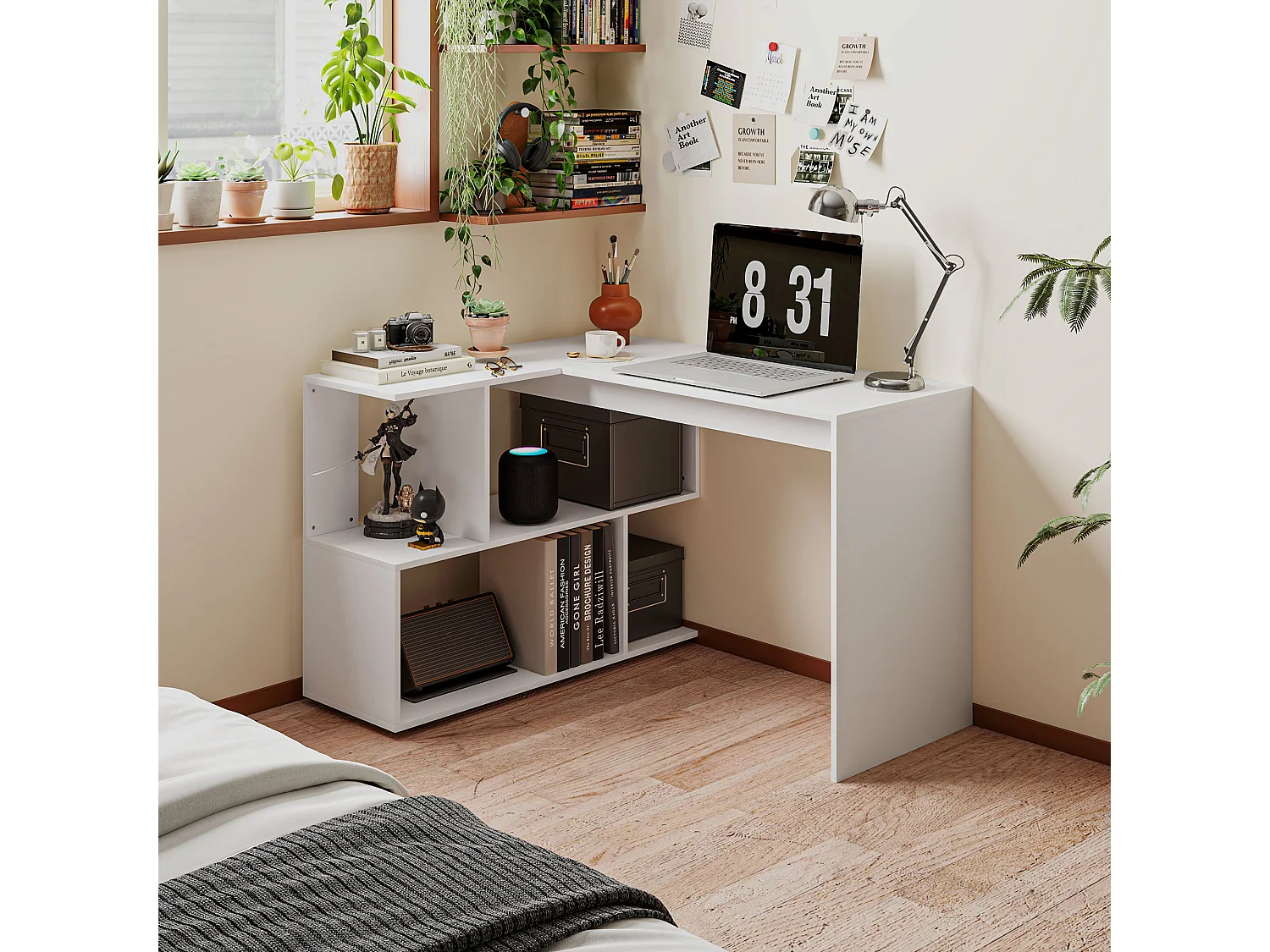 EasyComfort Scrivania Angolare Moderna per Ufficio con 4 Ripiani in Legno Bianco, 120x100x77 cm