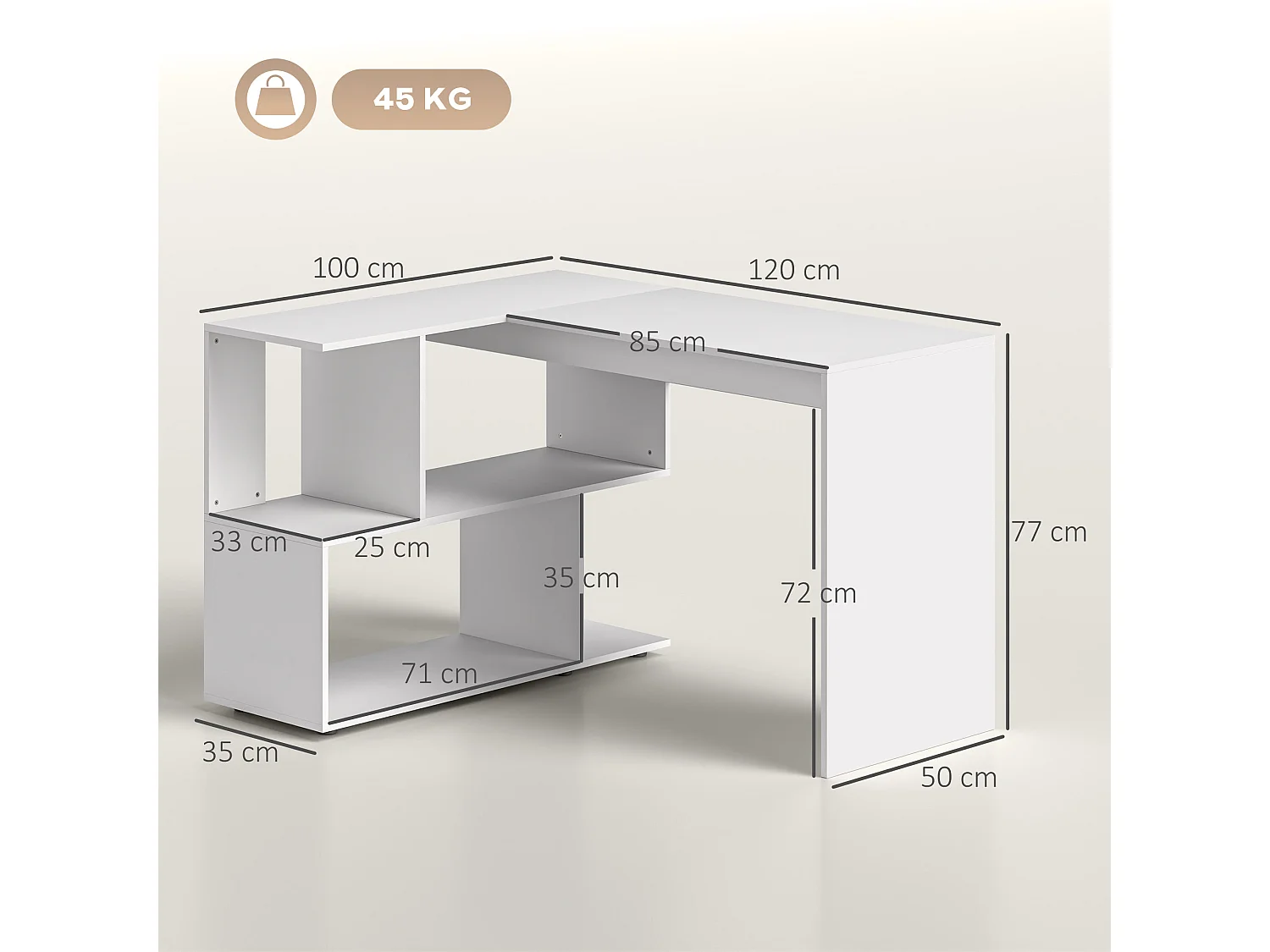 EasyComfort Scrivania Angolare Moderna per Ufficio con 4 Ripiani in Legno Bianco, 120x100x77 cm
