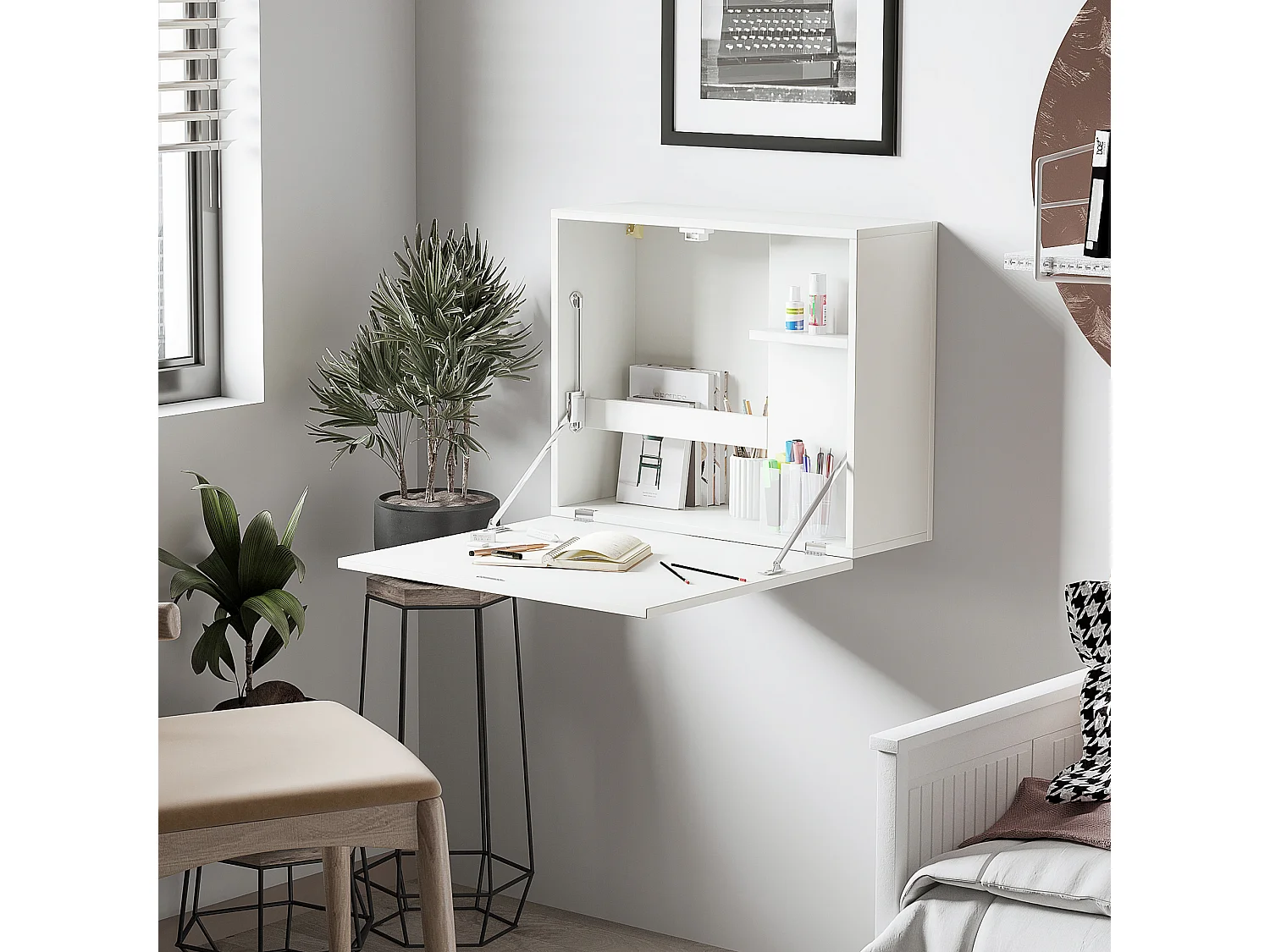 EasyComfort Scrivania a Muro Pieghevole e Salvaspazio con Ripiani, per Casa e Ufficio, in Truciolato e MDF, 60x21.5x50 cm, Bianco