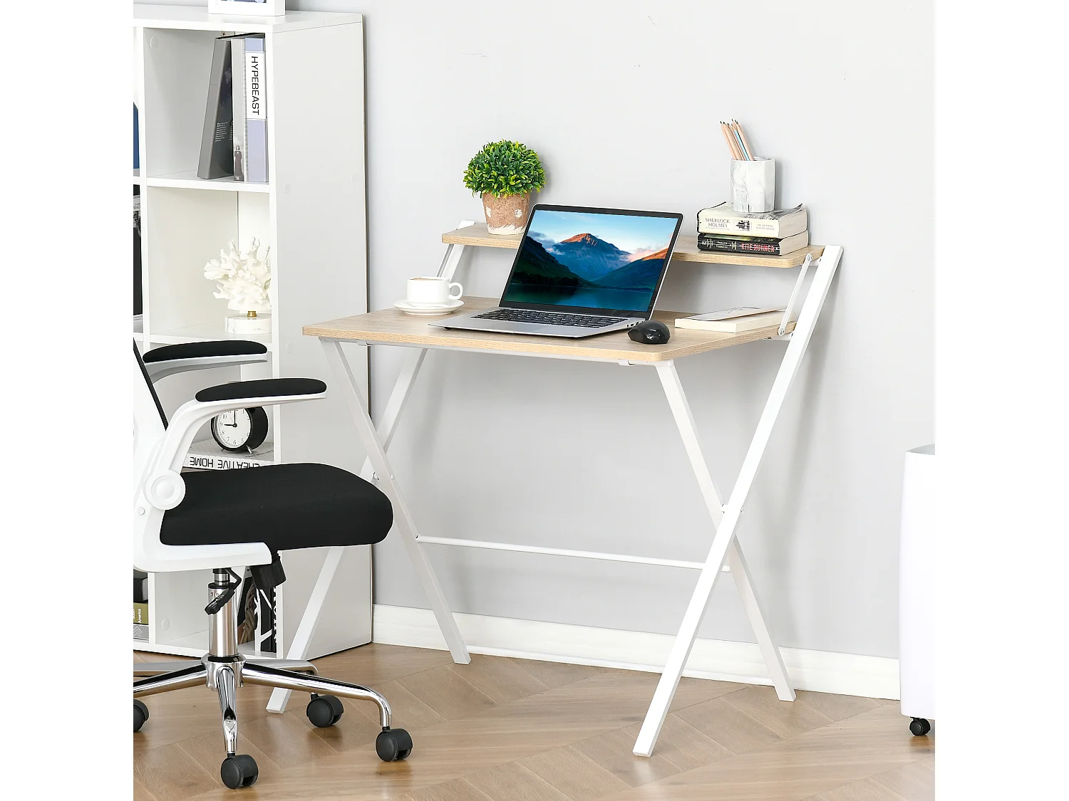 EasyComfort Scrivania Pieghevole Salvaspazio con Mensola Superiore per Camera e Ufficio, 81.5x70x84cm, Color Legno e Bianco