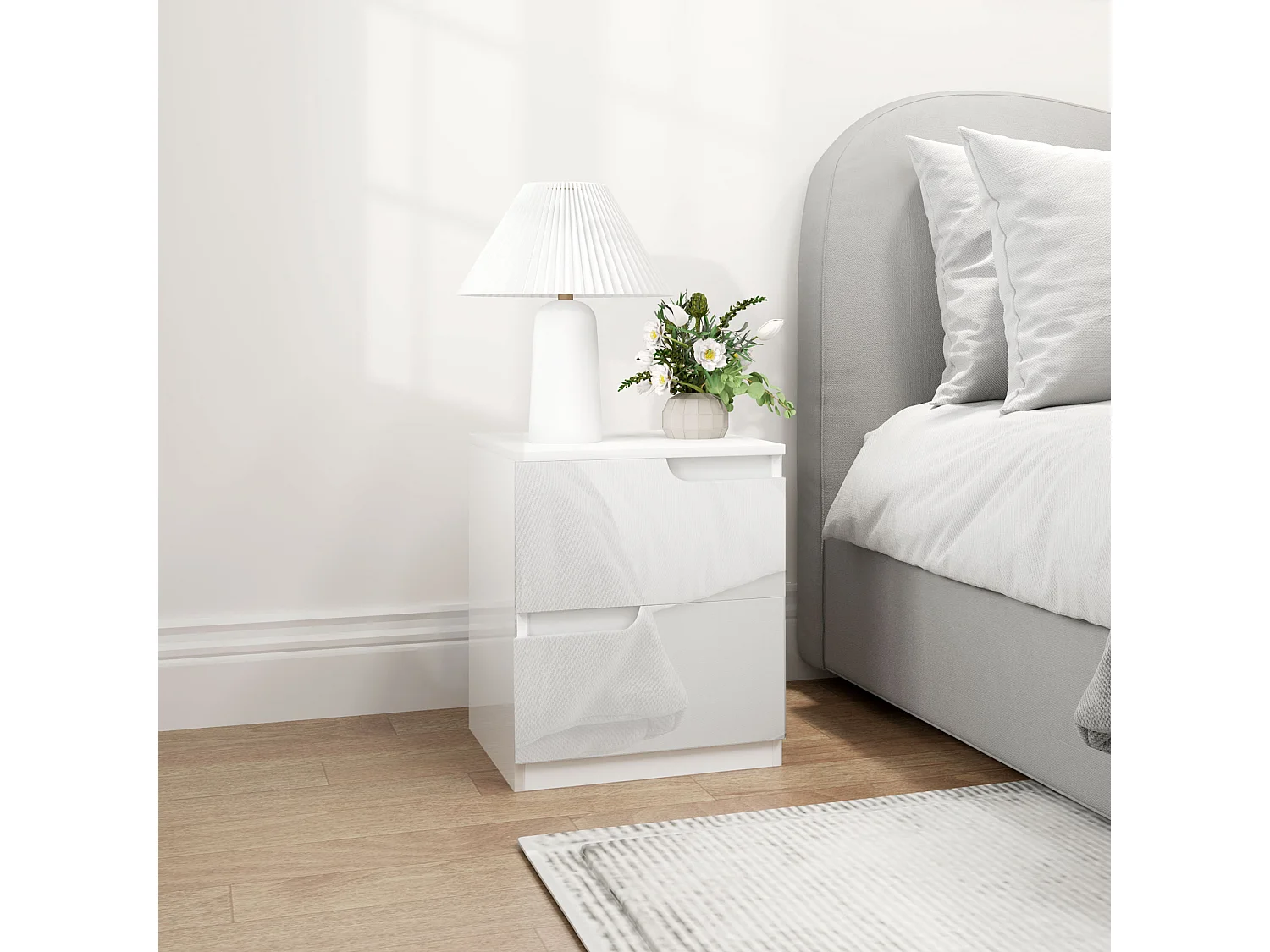 EasyComfort Comodino Moderno in Legno con 2 Cassetti e Design Lucido, 40x40x48 cm, Bianco