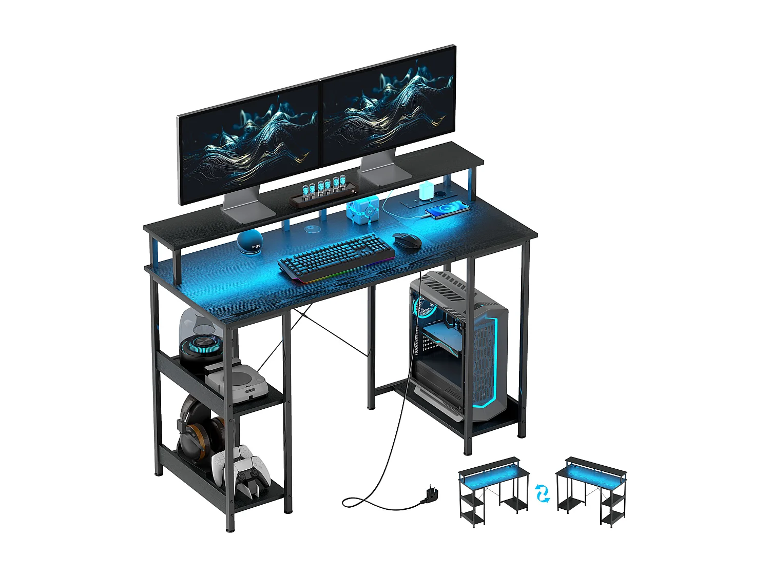 EasyComfort Scrivania per PC Reversibile con Prese Elettriche, Luci, Supporto Monitor e Scaffale, 120x50cm, Nero