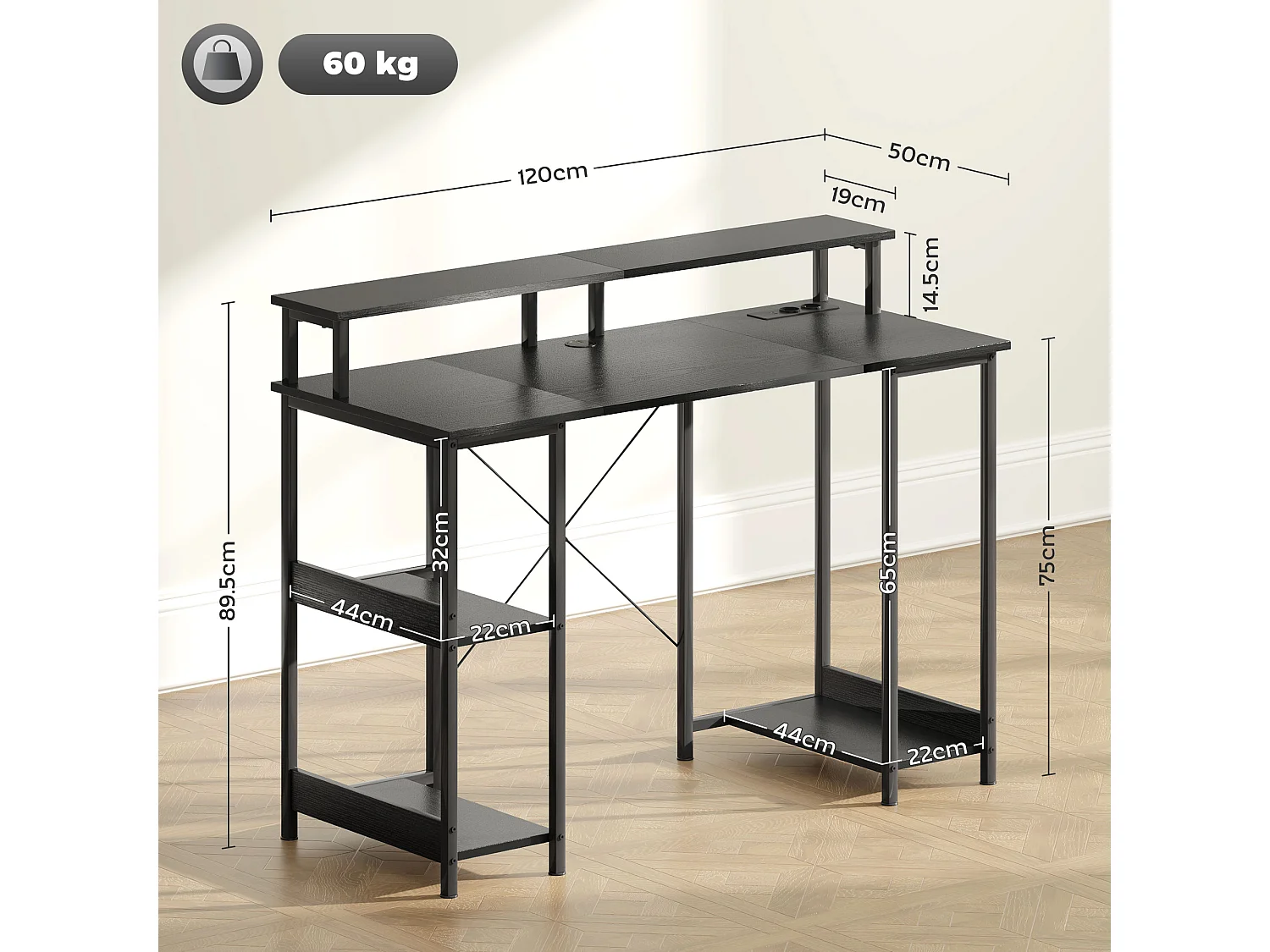 EasyComfort Scrivania per PC Reversibile con Prese Elettriche, Luci, Supporto Monitor e Scaffale, 120x50cm, Nero