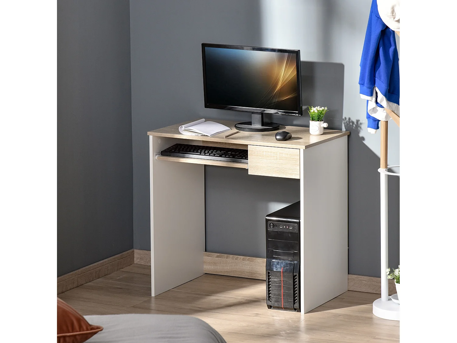 EasyComfort Scrivania per Camera, Scrivania PC in Legno, Scrivania per Computer con Ripiano Tastiera, Bianca e Rovere