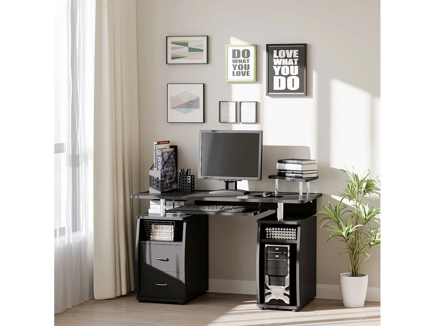 EasyComfort Scrivania per Computer Moderna Porta PC, Scrivania da Ufficio in Legno con Cassetti, Mensola Estraibile e Porta Tastiera, 120x55x85cm, Ne