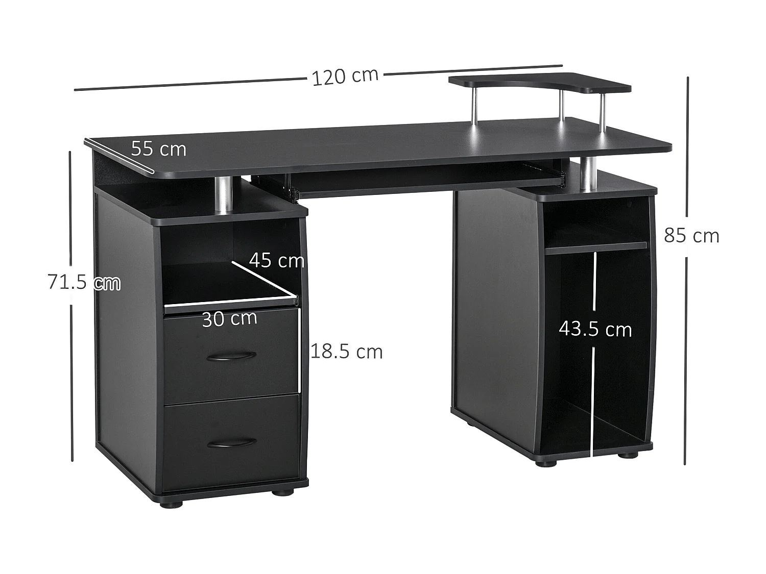 EasyComfort Scrivania per Computer Moderna Porta PC, Scrivania da Ufficio in Legno con Cassetti, Mensola Estraibile e Porta Tastiera, 120x55x85cm, Ne