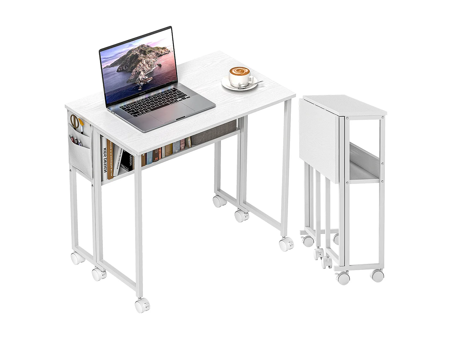 EasyComfort Scrivania Pieghevole Salvaspazio a Ribalta con Scaffale, Tasca Portaoggetti e Ruote, Bianco