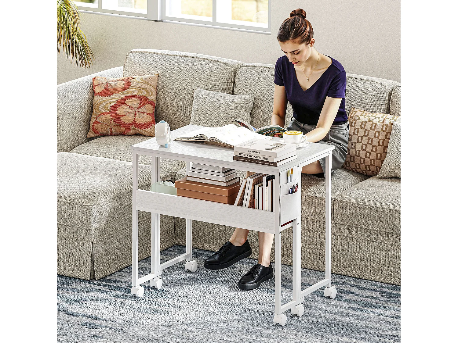 EasyComfort Scrivania Pieghevole Salvaspazio a Ribalta con Scaffale, Tasca Portaoggetti e Ruote, Bianco