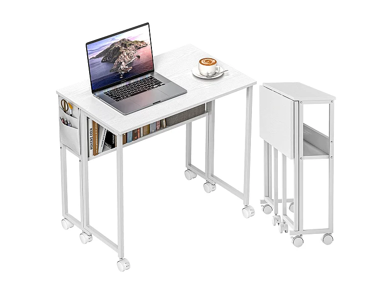 EasyComfort Scrivania Pieghevole Salvaspazio a Ribalta con Scaffale, Tasca Portaoggetti e Ruote, Bianco