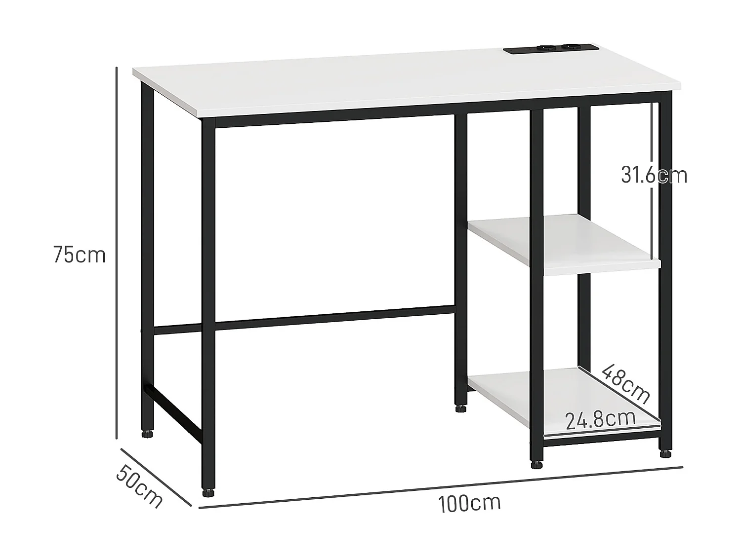 EasyComfort Scrivania con Scaffale a 2 Livelli e Prese di Ricarica, in Legno e Metallo, 100x50x75 cm, Bianca e Nera