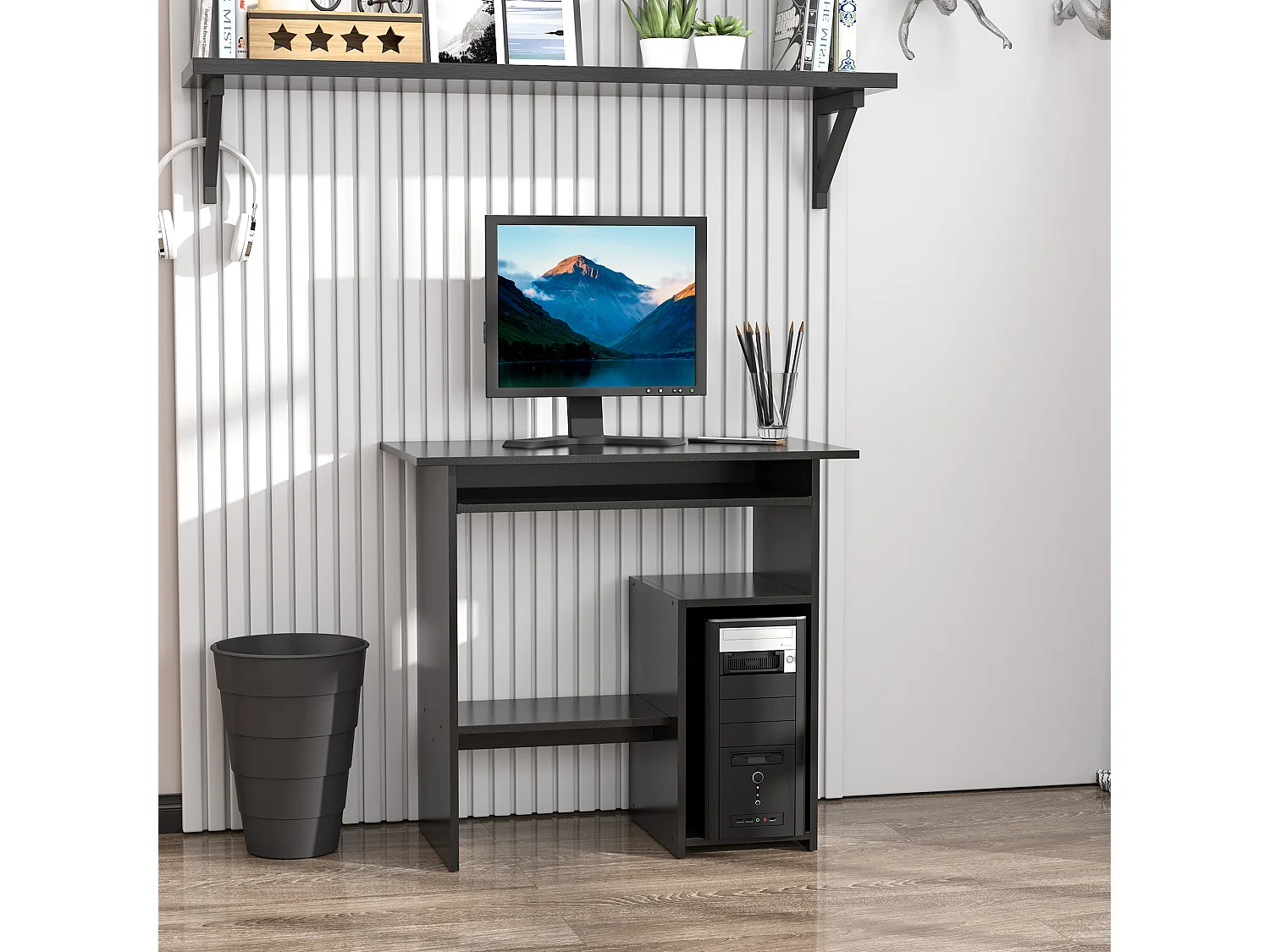EasyComfort Scrivania PC Moderna in Legno con Ripiano per CPU e Spazio per Tastiera Estraibile, 80x45x75 cm, Nero