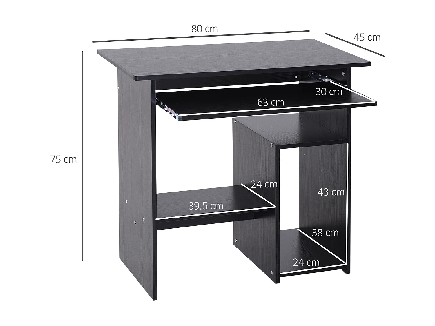 EasyComfort Scrivania PC Moderna in Legno con Ripiano per CPU e Spazio per Tastiera Estraibile, 80x45x75 cm, Nero
