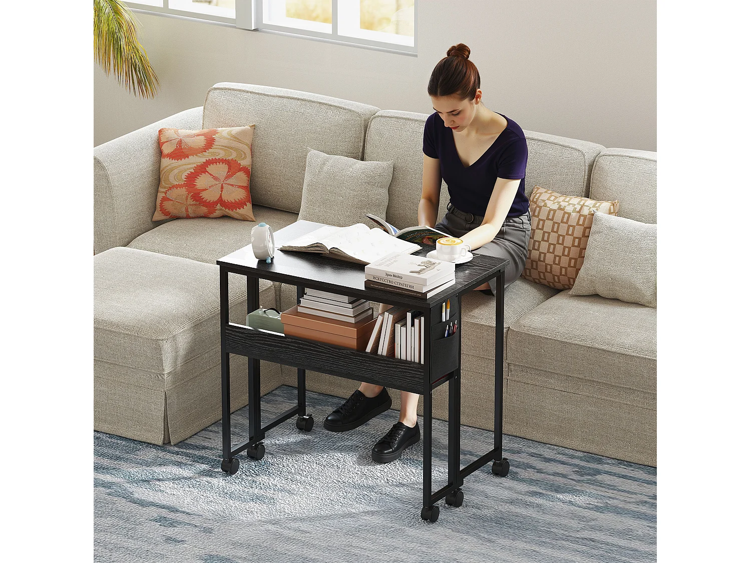 EasyComfort Scrivania Pieghevole Salvaspazio a Ribalta con Scaffale, Tasca Portaoggetti e Ruote, Nero