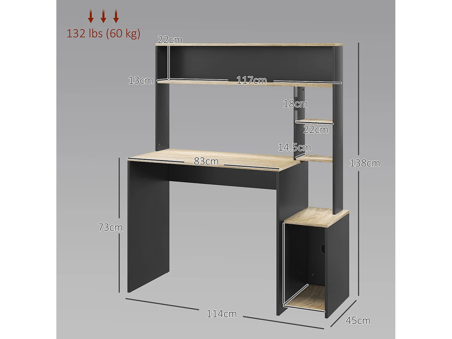 EasyComfort Scrivania Moderna con Ripiani e Supporto per CPU in Legno, 114x45x138cm, Grigio e Legno Naturale