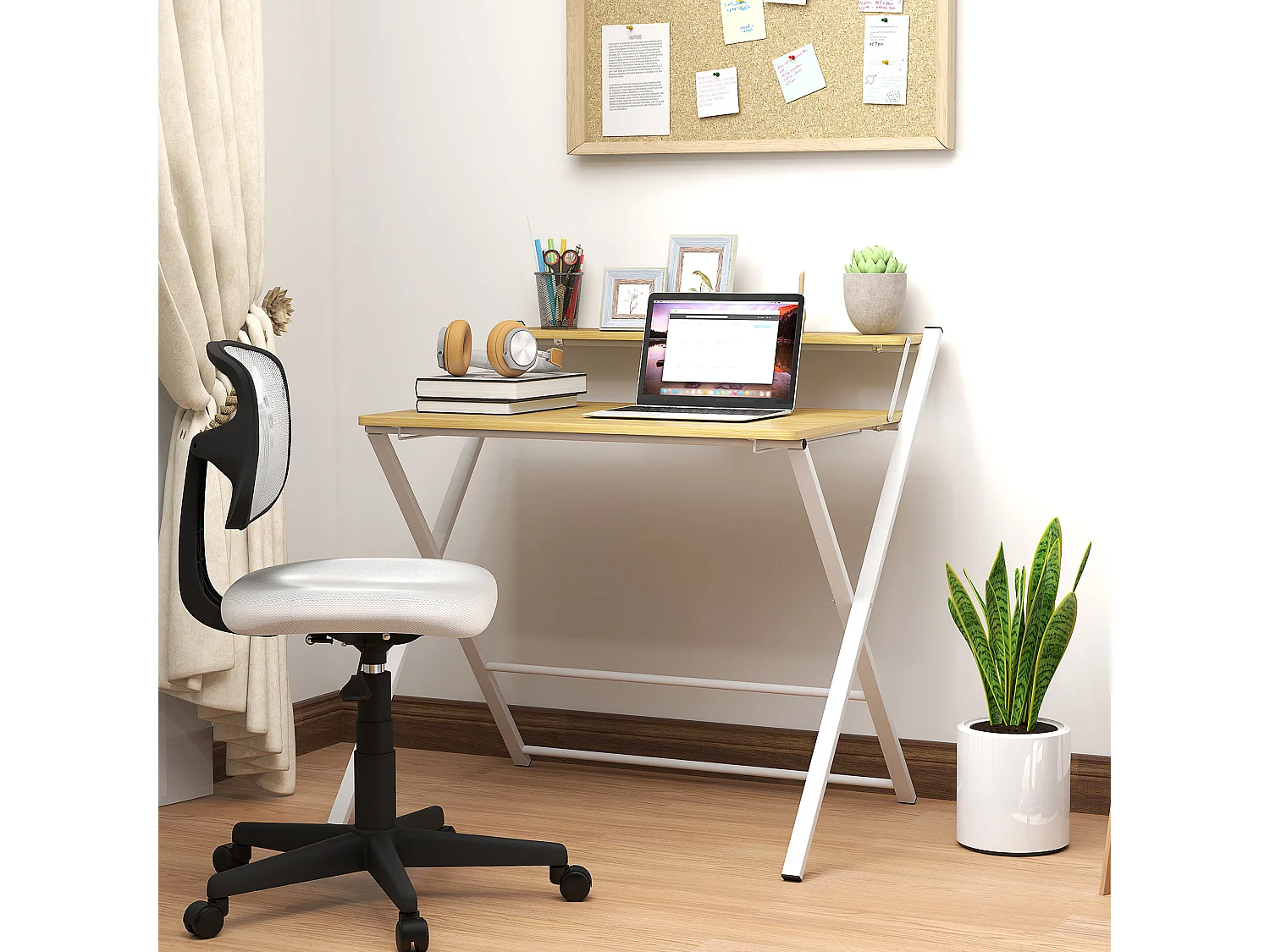 EasyComfort Scrivania Pieghevole con Ripiano Rialzato e Gambe a X, in Legno e Acciaio, 86x66x82 cm, Bianco e color Legno