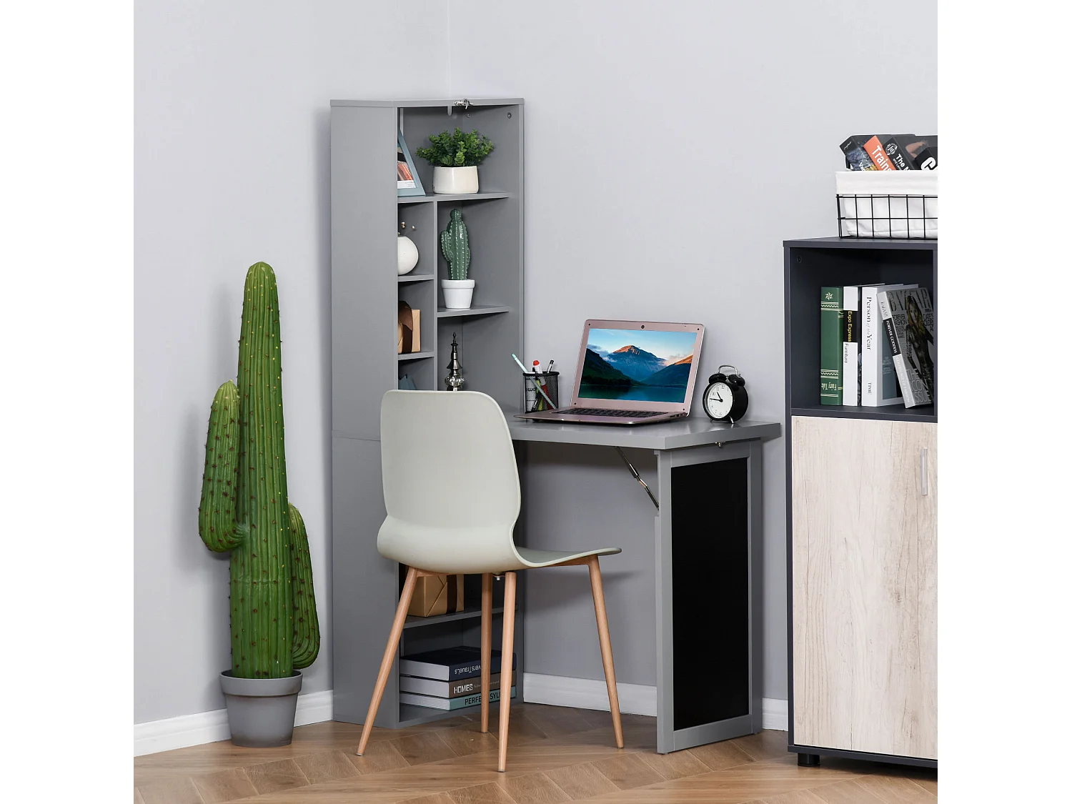EasyComfort Scrivania PC Pieghevole con Libreria a 9 Ripiani in Legno e Metallo, 98x51x153 cm, Grigio